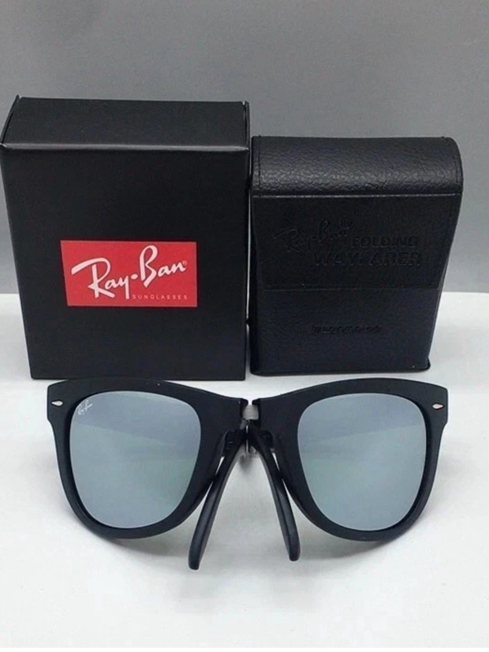 NWT Ray-Ban Folding Wayfarer RB4105 Black Silver Mirror 50mm - Picture 7 of 17